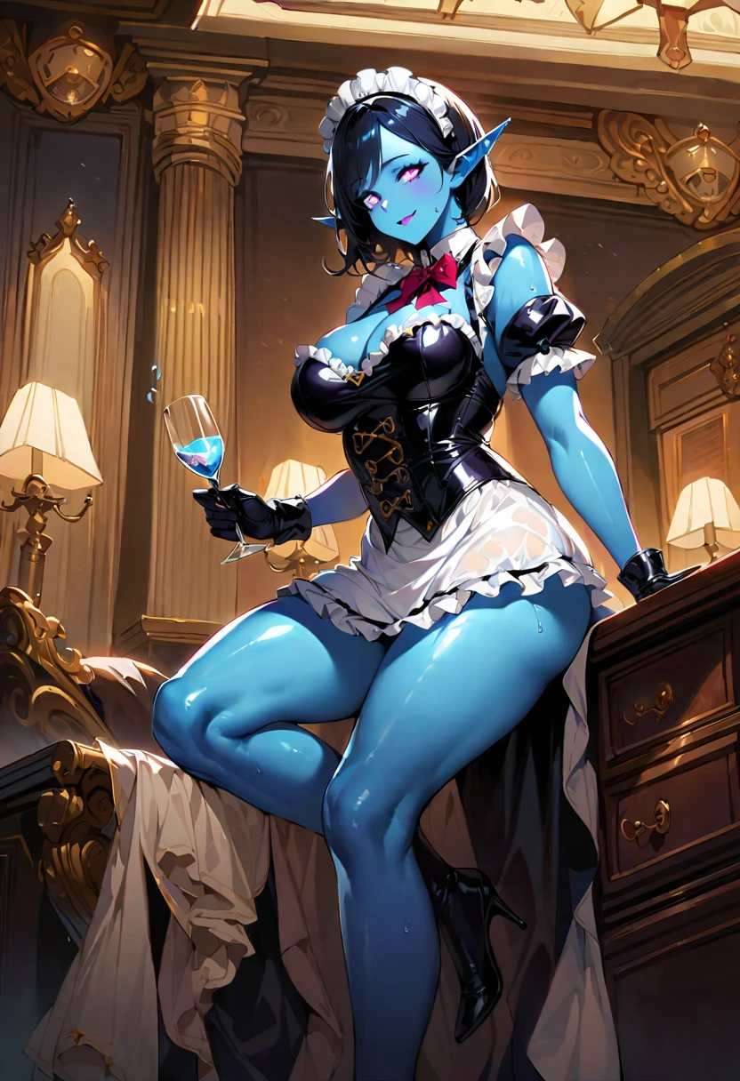 1 mature woman,(Highest quality,Extremely detailed depiction,Incredibly absurd high resolution,Anatomically accurate depiction,Curvy Legs),(Glowing Skin,Shiny skin),(Glowing Skin,Shiny skin,Oilskin),(Sexy maid),(Blue Skin:1.5,Dark Elf:1.2),(Luxurious decorations,Long gloves,Black and white latex maid outfit,Maid Skirt,corset,See-through,black tights),eyelash,A little sweat,(Purple Eyes,Detailed pupil,Half-closed eyes:1.5,Crazy Eyes,There is cleavage in the chest,Wicked Smile,glossy purple lipstick,Seductive gestures),(whole body),Holding a glass tulip in her hand:1.5