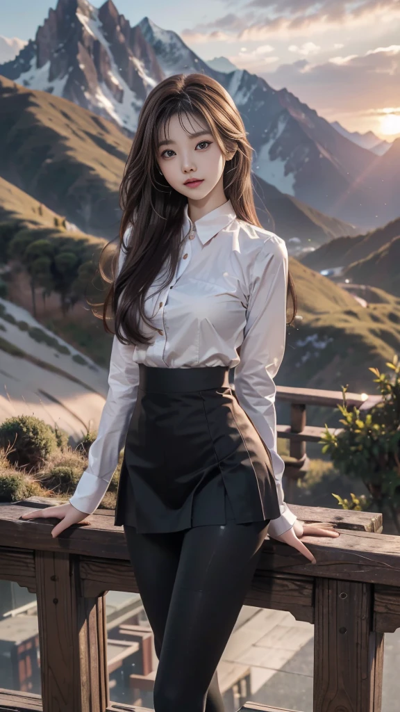 ulzzang-6500-v1.1, (RAW photo: 1.2), (Real photo), (Real photo: 1.4), 1 girl、Perfect anatomy、20 years old、Looking at the camera、Medium length hair、Uniform skirt, watching the sunset, ((in the mountains: 1.1))、(Hyperrealistic tights: 1.2), (Business service)、Asian eyes Ella,