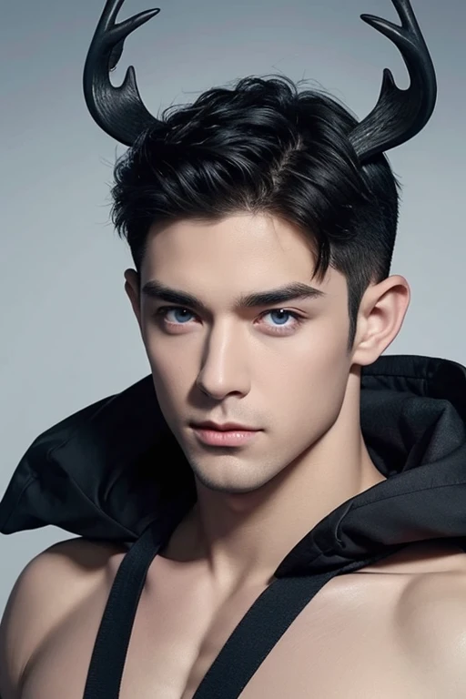 Caucasian man, thin nose, thin lips, blue eyes, black hair, black deer horn on his head, jock putfit, young handsome face, best quality,masterpiece,Ultra high detail,A handsome muscular man, completely black deer horn on his head, topless, black micro thong, with black cloth, black transparent cloth on his deer horn, realistic,Grey background,