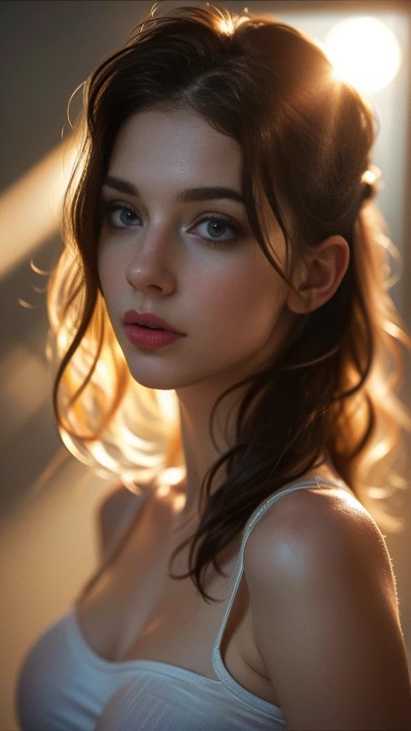 (((ultra realistic))) Photo, masterpiece, top quality, (pale skin), (Ultra detailed face and eyes:1.3), 1 girl, Adult, in a T-shirt, full body, (Eye makeup, mascara) , ((large detailed lips)), ((ash wavy hair)), ((Chyolka)) , (Natural breasts), Slim waist. ((Posing)), photoshoot, studio (soft lighting), (The play of light and shadows), depth of field, bokeh, (special attention to skin detail: 1.2), Detailed leather texture, skin pores. (Airy atmosphere of the frame. Color range - delicate, Bright, white, Pink tones), UDR, ((Film grain)), ((rays)), ((glare of the sun)), ((waist up portrait, close to the camera)) , ultra detialed, 