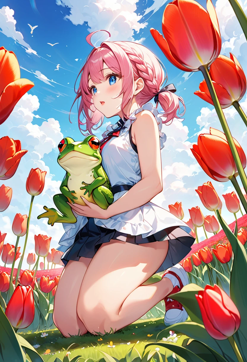 Highest quality、High resolution、Detailed Background、Beautiful face in every detail、Anatomically correct、Detailed facial expressions、fine grain、((full body, from below:1.8, side shot, looking away:1.2)), break　((One Girl:1.2)、(Chibi Girl:1.2))、Cute hair color、Big beautiful blue eyes、Fuller lips、Pink Lips、Braided twin tails、Ahoge、(Kneeling in a tulip field, holding a frog:1.2、Holding a frog in both hands:1.2)、(Cute sleeveless spring outfit、mini skirt、Cute sneakers)、break　((Kiss the frog:1.2))、I have nothing in my hands、(Sleepy expression:1.2、Close your eyes:1.2)、、break　(The background is the spring sky、Spring Clouds、((Big Frog:1.2)))