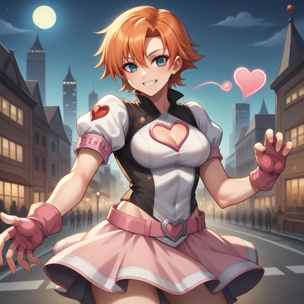 1girl,cowboy shot, beautiful nora_valkyrie, looking at viewer, smile, short hair, blue eyes,heart cutout, gloves, jacket, pink skirt, pink belt, short sleeves, puffy sleeves, single armband, fingerless gloves, orange hair, pink gloves, dynamic pose, night, outdoors, city, (volumetric lighting), best quality, masterpiece, intricate details, tonemapping, sharp focus, hyper detailed, trending on Artstation