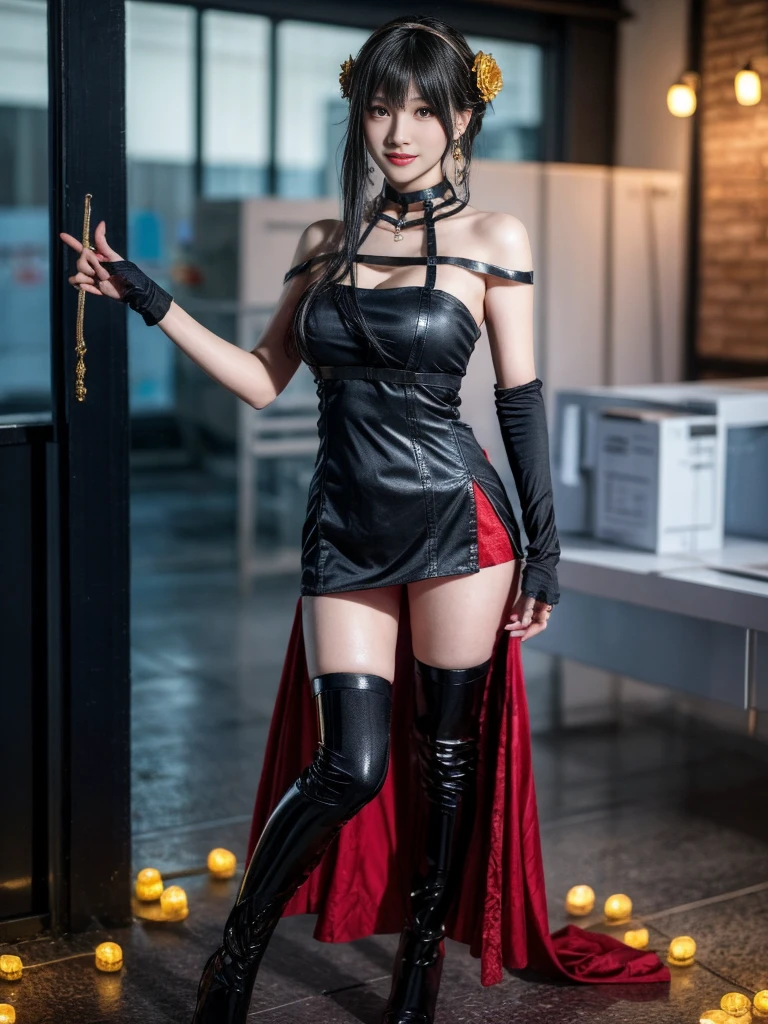 (Highest quality, 4K, masterpiece :1.3), Beautiful woman, Surreal, 1 girl,),Ajolf, Side Lock,Short hair and long straight hair, Gold Hair Band, Gold earrings, Gold Hair Ornament, Big Breasts, Exposing shoulders, Black Dress, Double-sided dress with red rose cape, choker, Thigh-high boots, , Fingerless gloves, Thigh-high boots,Slender beauty, (Huge breasts, Attractive body :1.2), Abdominal exercises :1.1, Long black hair 1.1, Highly detailed face, Lip details, Beautiful Eyes, double eyelid, Sexy low neck dress, Open neckline, Twisting waist pose, Visible curves,Muscular, Bent legs, Yugal, masterpiece, Highest quality, High resolution, aaYugalf,Cowboy Shot, Are standing, Looking at the audience, Outdoor, night, (Perfect Anatomy:1.Big Ass, jewelry, Off the shoulder, Black Pantyhose, Cute Smile, Beautiful and bright lighting, Beautiful breasts,Place your hands behind your back,