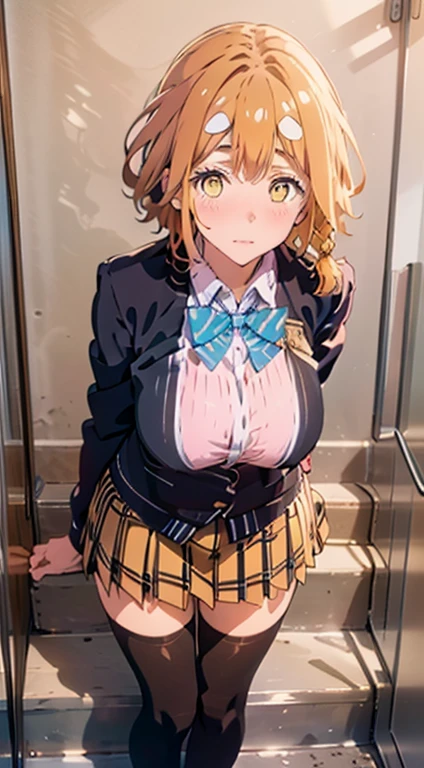 ((mesa, Best Quality, High resolution, NffSW, pixel perfect,  4k, NffSW, NffSW))), 1 girl in, single, Alone, beauty、full body seen、 ((Short bright blonde hair, hits,)), ((with yellow eyes, Beautiful eyelashes, realistic eyes)), ((detailed face, blush:1.2)), ((Smooth texture:0.75, realistic texture:0.65, photorealistic:1.1, cg anime style)), big breasts, dynamic angle, perfect body,  ((red bow tie, School uniform, black jacket, open jacket, brown cardigan, White shirt, black skirt, plaid skirts)), city staircase、Looking up from the bottom of the stairs.、Very embarrassing panic smile., turned around、bending forward、Touch the buttocks with both hands, yoshino_water,1girl, Alone,short hair, orange hair, yellow eyes, single braid, thick eyebrows,large breasts,School Uniform,black jacket, blue bow, blue bowtie, plaid skirt, black thighhighs, pleated skirt, striped bowtie, The Great Passage, brown skirt, yellow skirt, collared shirt, pink shirt,、