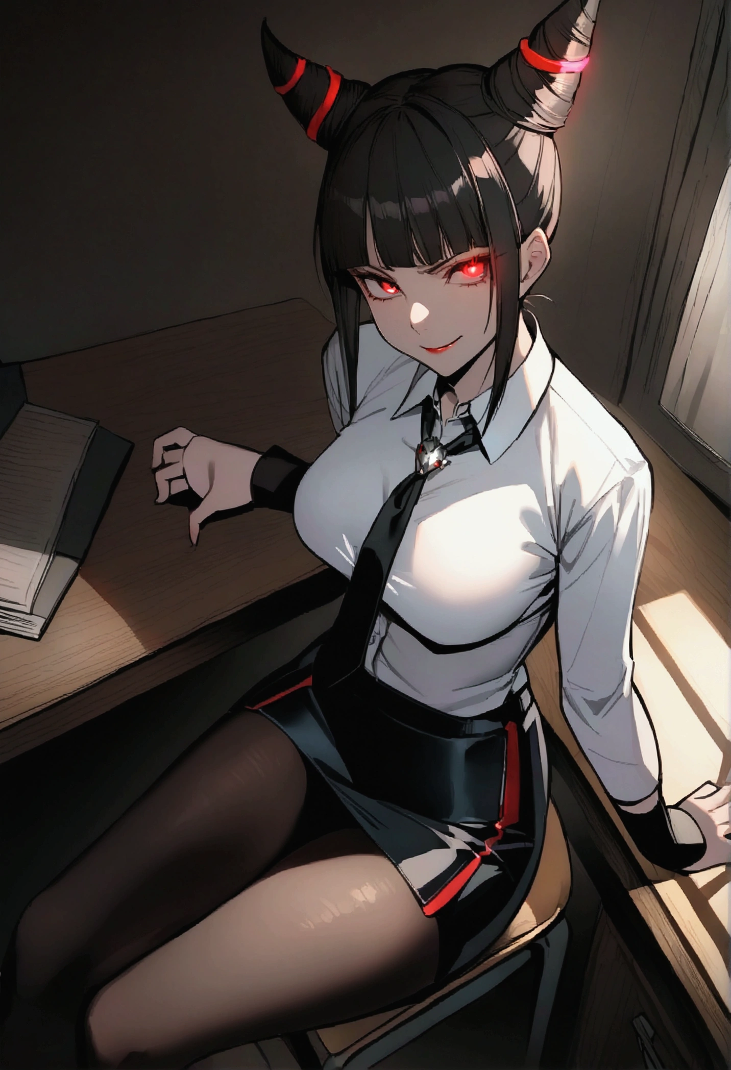 Juri Han, Artwork, fitted white secretary shirt with black tie, mini skirt short, skirt short,black tights, Bblack hair, blackstockings,Evil smile,desk,bangs on the eyes,Lighting,horn of hair,red eyes glowing,neckleace,labiaa,sultry posing,sitting at a table