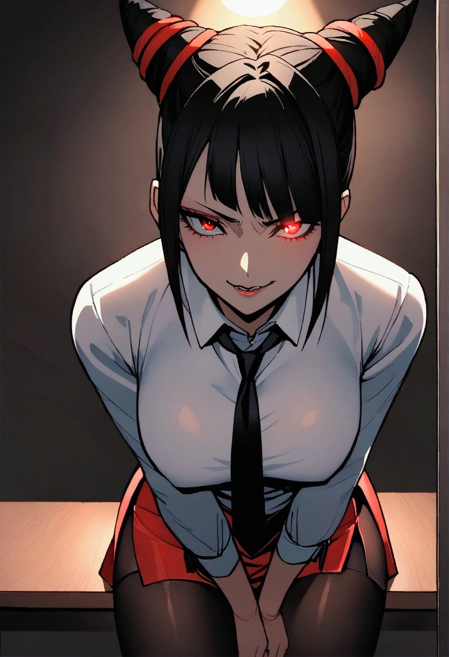 Juri Han, Artwork, fitted white secretary shirt with black tie, mini skirt short, skirt short,black tights, Bblack hair, blackstockings,Evil smile,desk,bangs on the eyes,Lighting,horn of hair,red eyes glowing,neckleace,labiaa,sultry posing,sitting at a table
