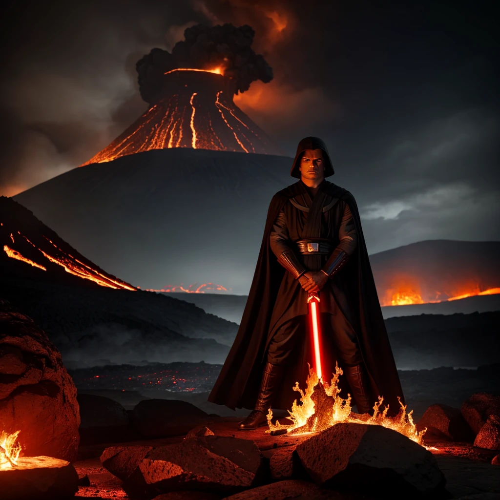 An imposing figure inspired by a Sith Lord (Anakin Skywalker) stands amidst the fiery landscape of Mustafar, holding a glowing red lightsaber. He is adorned in dark robes, exuding an aura of power and menace. The background showcases a castle made of obsidian, looming ominously over the flowing rivers of lava. The scene is rich with dark tones, highlighting fear, anger, and hatred, encapsulating the dark side of the Force. The scene is in HDR and 4K, with massive detail that accentuates the intense heat and energy of the volcanic surroundings.
Figure: Male character with short hair and fierce expression, reminiscent of a fallen Jedi.
Weapon: A glowing red lightsaber, casting a sinister glow.
Environment: Lava streams and eruptions, with a dark obsidian castle in the distance.
Atmosphere: Dark, foreboding, and intense, with a strong focus on themes of fear, anger, and power.
Visuals: High dynamic range with 4K quality, emphasizing details like the textures of the lava and the menacing architecture of the castle.