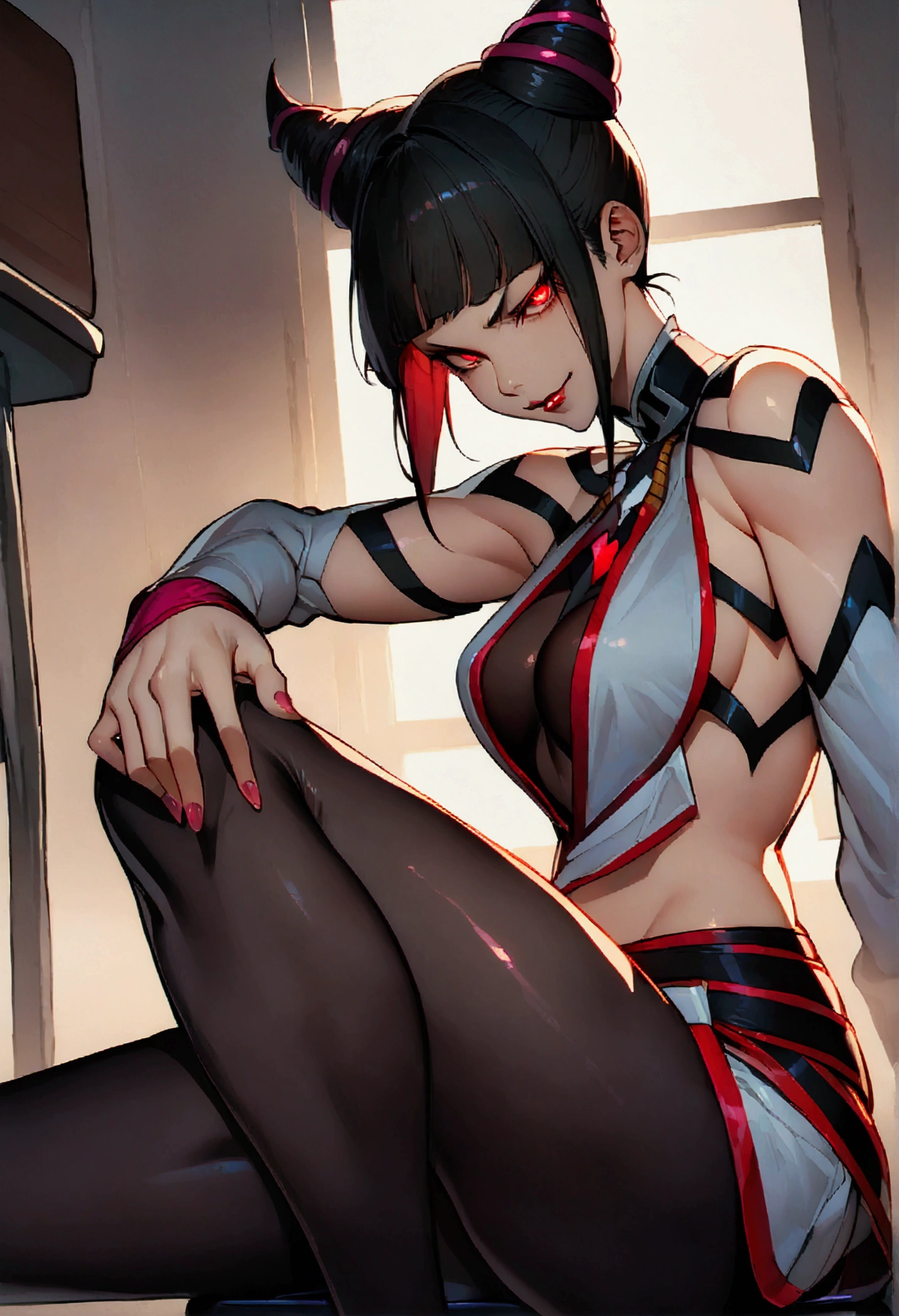 Juri Han, Artwork, fitted white secretary shirt with black tie, mini skirt short, skirt short,black tights, Bblack hair, blackstockings,Evil smile,desk,bangs on the eyes,Lighting,horn of hair,red eyes glowing,neckleace,labiaa,sultry posing,sitting on a chair
