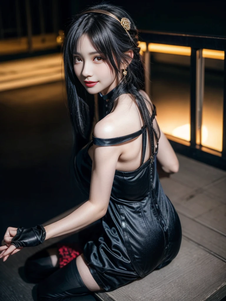 (Highest quality, 4K, masterpiece :1.3), Beautiful woman, Surreal, 1 girl,),Ajolf, Side Lock,Short hair and long straight hair, Gold Hair Band, Gold earrings, Gold Hair Ornament, Big Breasts, Exposing shoulders, Black Dress, Double-sided dress with red rose cape, choker, Thigh-high boots, , Fingerless gloves, Thigh-high boots,Slender beauty, (Huge breasts, Attractive body :1.2), Abdominal exercises :1.1, Long black hair 1.1, Highly detailed face, Lip details, Beautiful Eyes, double eyelid, Sexy low neck dress, Open neckline, Twisting waist pose, Visible curves,Muscular, Bent legs, Yugal, masterpiece, Highest quality, High resolution, aaYugalf,Cowboy Shot, Are standing, Looking at the audience, Outdoor, night, (Perfect Anatomy:1.Big Ass, jewelry, Off the shoulder, Black Pantyhose, Cute Smile, Beautiful and bright lighting, Beautiful breasts,Place your hands behind your back,