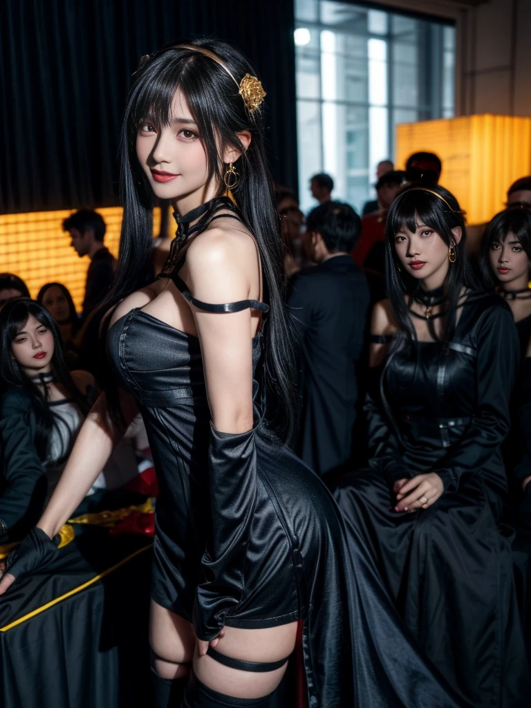 (Highest quality, 4K, masterpiece :1.3), Beautiful woman, Surreal, 1 girl,),Ajolf, Side Lock,Short hair and long straight hair, Gold Hair Band, Gold earrings, Gold Hair Ornament, Big Breasts, Exposing shoulders, Black Dress, Double-sided dress with red rose cape, choker, Thigh-high boots, , Fingerless gloves, Thigh-high boots,Slender beauty, (Huge breasts, Attractive body :1.2), Abdominal exercises :1.1, Long black hair 1.1, Highly detailed face, Lip details, Beautiful Eyes, double eyelid, Sexy low neck dress, Open neckline, Twisting waist pose, Visible curves,Muscular, Bent legs, Yugal, masterpiece, Highest quality, High resolution, aaYugalf,Cowboy Shot, Are standing, Looking at the audience, Outdoor, night, (Perfect Anatomy:1.Big Ass, jewelry, Off the shoulder, Black Pantyhose, Cute Smile, Beautiful and bright lighting, Beautiful breasts,Place your hands behind your back,