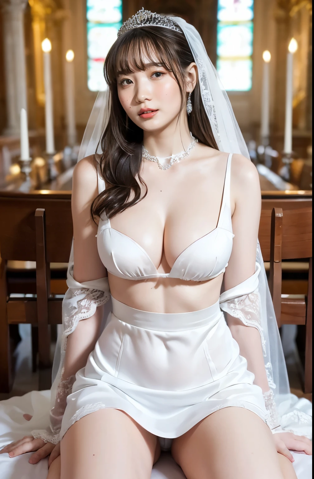 naked,Like the whole body," shape, Bride's white outfit, small silver tiara,huge ,sloppy and droopy breasts, Heavy chest almost exposed ,Fully visible bust,Sheer princess skirt,Church wedding,There is a large crowd of participants behind you, Perfect body, (Highest quality, 4K, 8k, High resolution, Tabletop:1.2), Very detailed, (Realistic, Realistic, Photorealistic:1.37), Royal, Enchanting, (Vibrant colors, Sharp Chest:1.1), Soft lighting", (((no dress))). (((100% Transparent micro panties))). Deep cleavage. (((100%-Good transparency))). Navel exposed. (((Narrow waist))). (((Orgasm Facial))). (((Open your mouth))), (((Narrow waist))), (((Perfect sexy body))), (((Heavy chest)))),(((perfect proportion))), (((orgasm face))),(((open mouth half))), (((touching between legs))),  