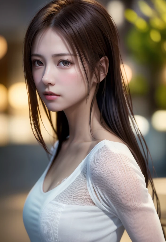 8K, of the highest quality, masutepiece:1.2), (Realistic, Photorealsitic:1.37), of the highest quality, masutepiece, Beautiful young woman, Pensive expression, Sweet look, Sexy white shirt、Hair tied back, Messy mood, Cinematic background, Tired, Light skin tone