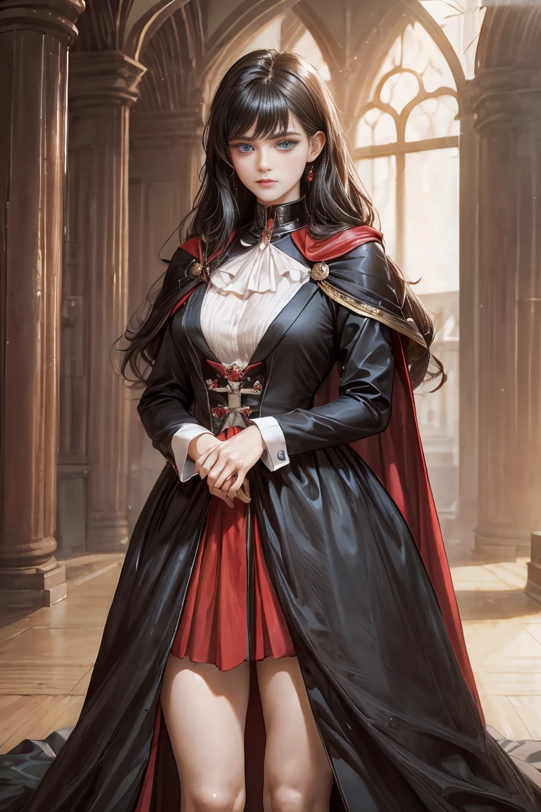 
masterpiece, 最high quality, high quality, 1 girl, alone, Female focus, Watching the audience,  Messy black hair, Adorable big blue eyes, White, Noble, Noble,A black and red cape that is bursting with sexy volume、Tuxedo、A very voluminous, large, very large, very large, long, long red and black cape with a high stand-up collar, made of a lot of fabric that reaches down to the floor., ,Cute beautiful girls,Cute, cute, kind, gorgeous girl