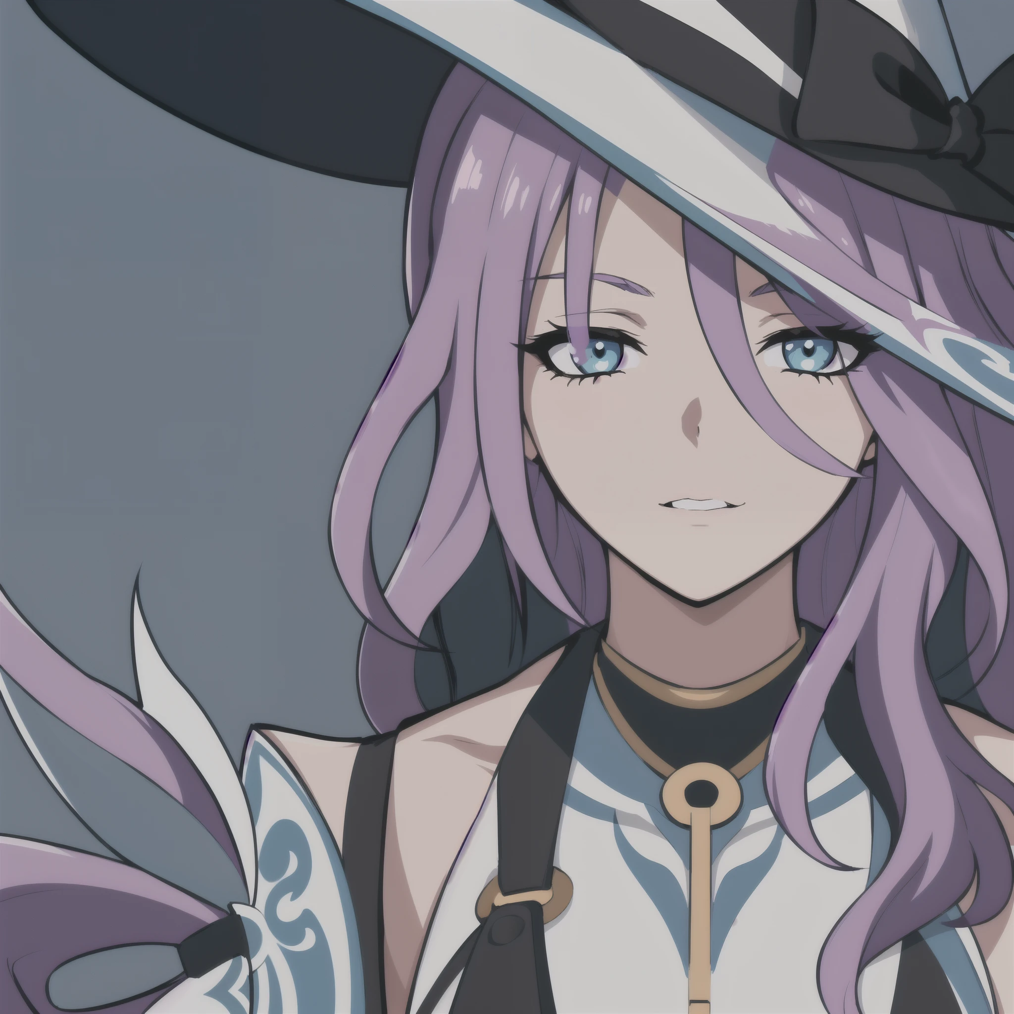 jade, jade from honkai star rail, light purple hair, blue eyes, snake eyes, hat, 1girl, masterpiece, revealing skin, close up, anime face, (beautiful and aesthetic:1. 5), thick black lineart, clean lineart, perfect lineart, variable lineart, clean anime outlines, intense line art, bold lineart, sharp lineart, best quality, high quality, best quality, ultra-detailed, colourful, dynamic lighting, HD,