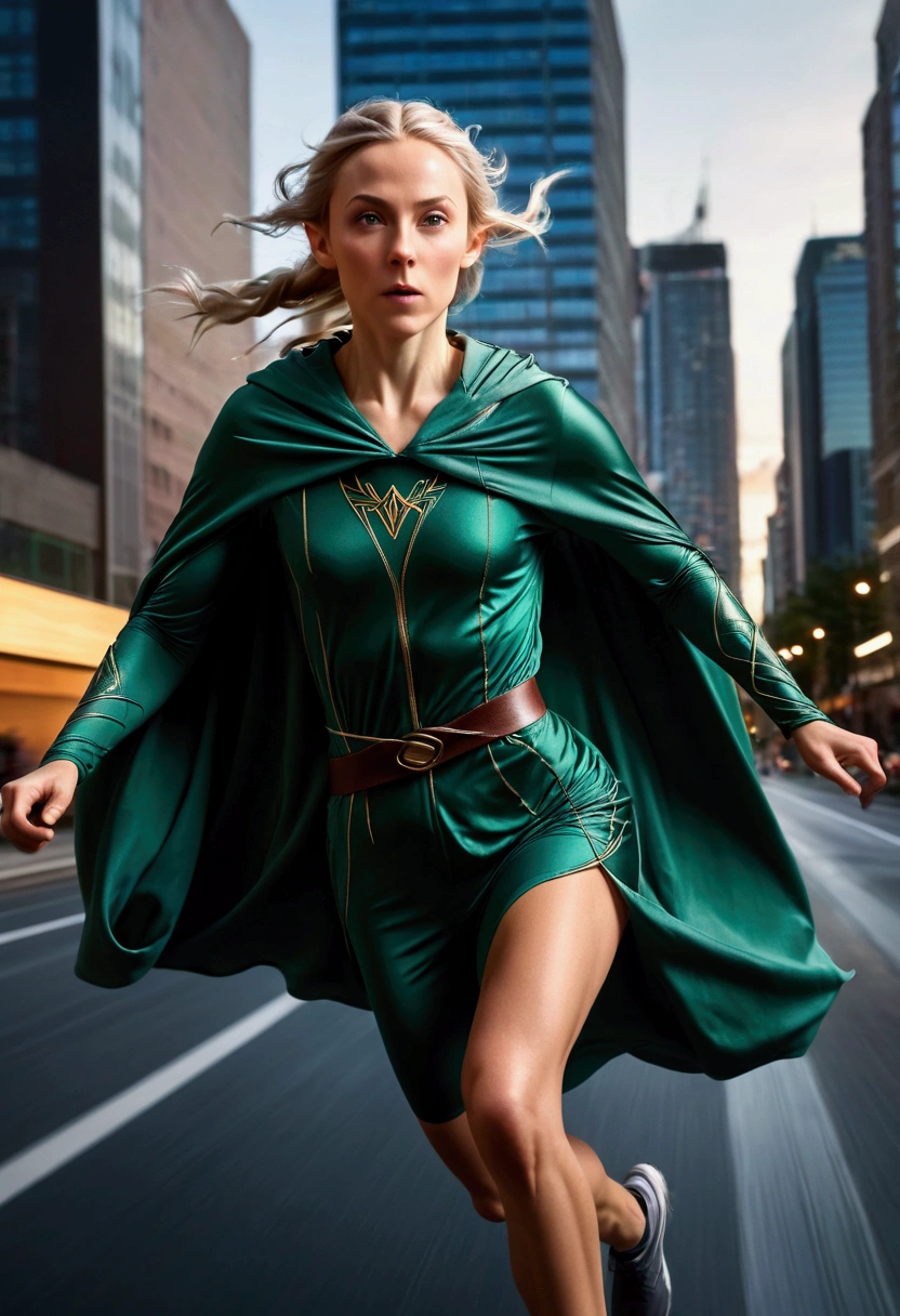 long exposure photo of a close up of {1elven in a cloak running on a city scrapers with a light trail behind her, sprinting, athlete photography, hyperspeed, tracers, athletic body, cover shot, dynamic active running pose, high-speed sports photography, sports photography, by Edwin Georgi, light speed, high speed motion, dynamic movie still, sport photography, movie promotional image, energy pulsing realistic, detailed, 4k} in motion, blurred edges, slow shutter speed motion photography, shot on Fuji Film XT4 camera f/1.5. ISO 200
