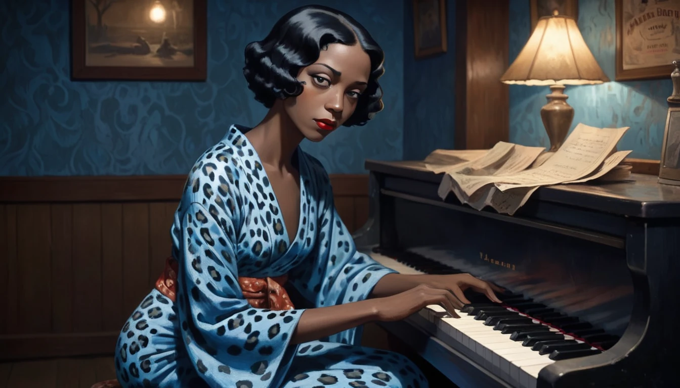 Robert Johnson, Grainy, Alabama Bar, Blue, charisma , original color Leopard Skin Dress, figure, Black Fantasy, woman, sad ending, Pianist: A very beautiful woman in a kimono playing bluesy piano in a dingy blues bar in the American South in the 1930s. American Bar Blues A dimly lit and lively bar