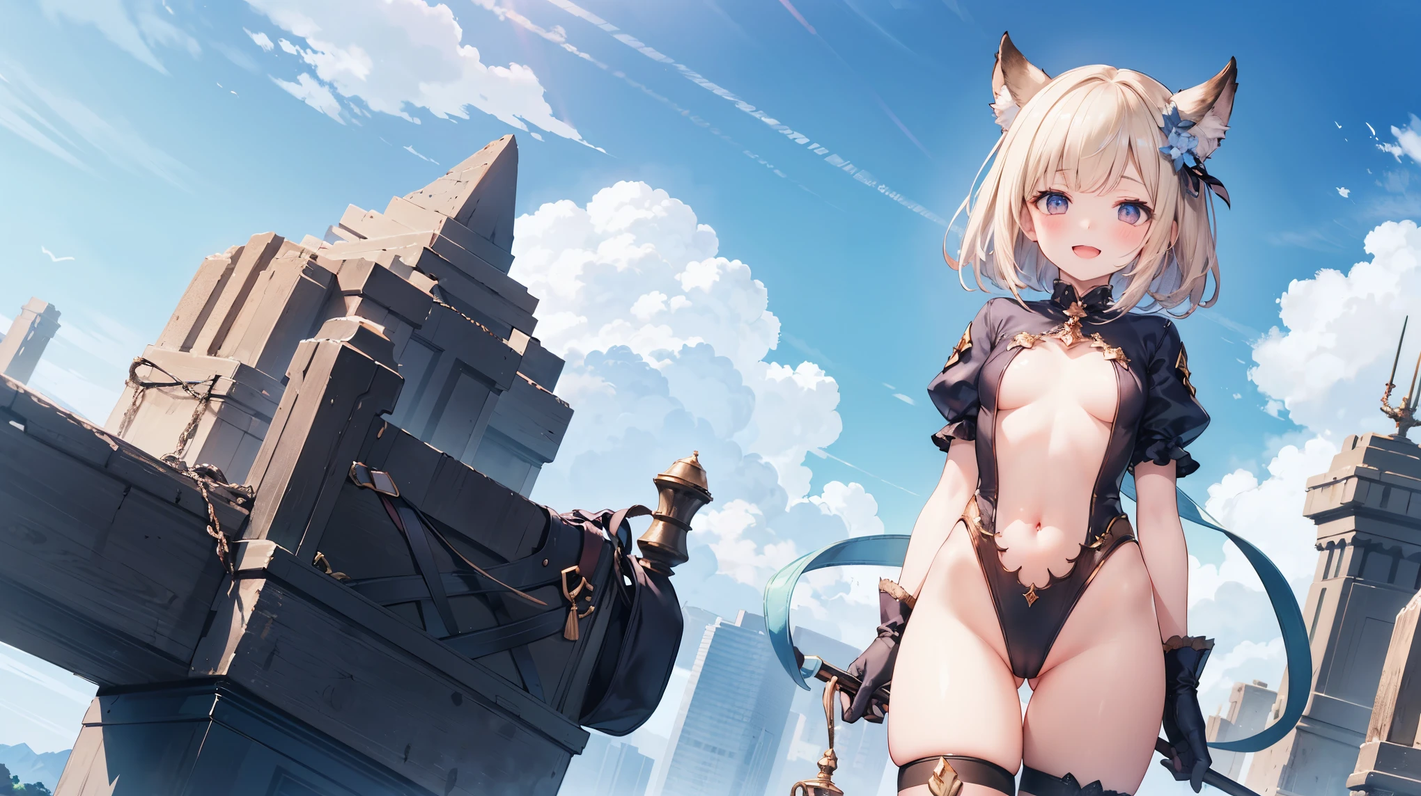 GRANBLUEfantasy,1young_teen_ girl,brown_hair,medium_bob_hair,platina_blond_hair,white_leotard,covered_crotch,thigh-highs,smile,standing,bluesky_landscape_background,slightly_spread_legs,happiness, short_gloves ,solo, r18, navel,relicbuster,short,boots,open_mouth,sitting,knees,blush,shy,piledriver,(crotch:1.3)
