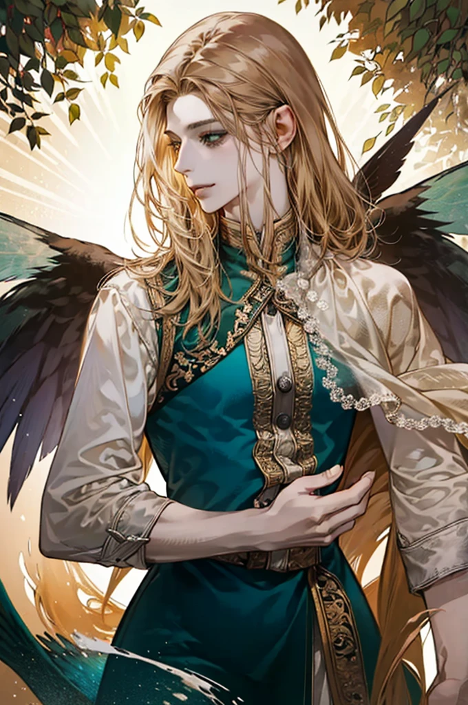 ]Um naughty man bonito com dark blonde hair curto, greeneyes, smiling, extremely detailed portrait, detailed facial features, detailed eyes and skin, cinematic lighting, dramatic shadows, hight contrast, warm color tones, oil painting, hyperrealisti, photorrealistic, sharp focus, 8k, best qualityer, work of art, fairy wings and fairy clothes, masculine traits, naughty man, Child boy, water element, with the body on display, medium dark blonde hair, with golden threads in the sunlight, BLONDE BLONDE DARK BLONDE, MERMAID, serene, bonitas, naughty man, 8k, bonitas, comely, COM TRAÇOS FACIAIS bonitasS, wings DE FADA BONITAS E AZUIIS ESVERDEADAS, wings, bonitas, Beautiful green eyes, dark blonde hair, beautiful fairy wings, controlling water