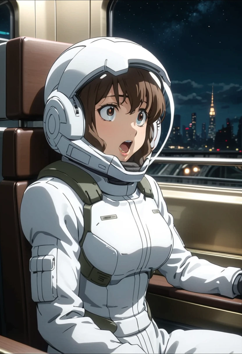space helmet, (cinematic scene, sitting on a chair, train interior, , city view, night view: 1.5), space helmet, eva helmet, space suit, astronaut), smile bubble helmet, very detailed, speed helmet, bubble helmet, ,upper body, astronaut),eva helm, spacesuit , astronaut),girl, wearing a (spacesuit:1.15), white cargo pants, from side, black hair,big breasts,ahegao, rolling eyes,saliva,