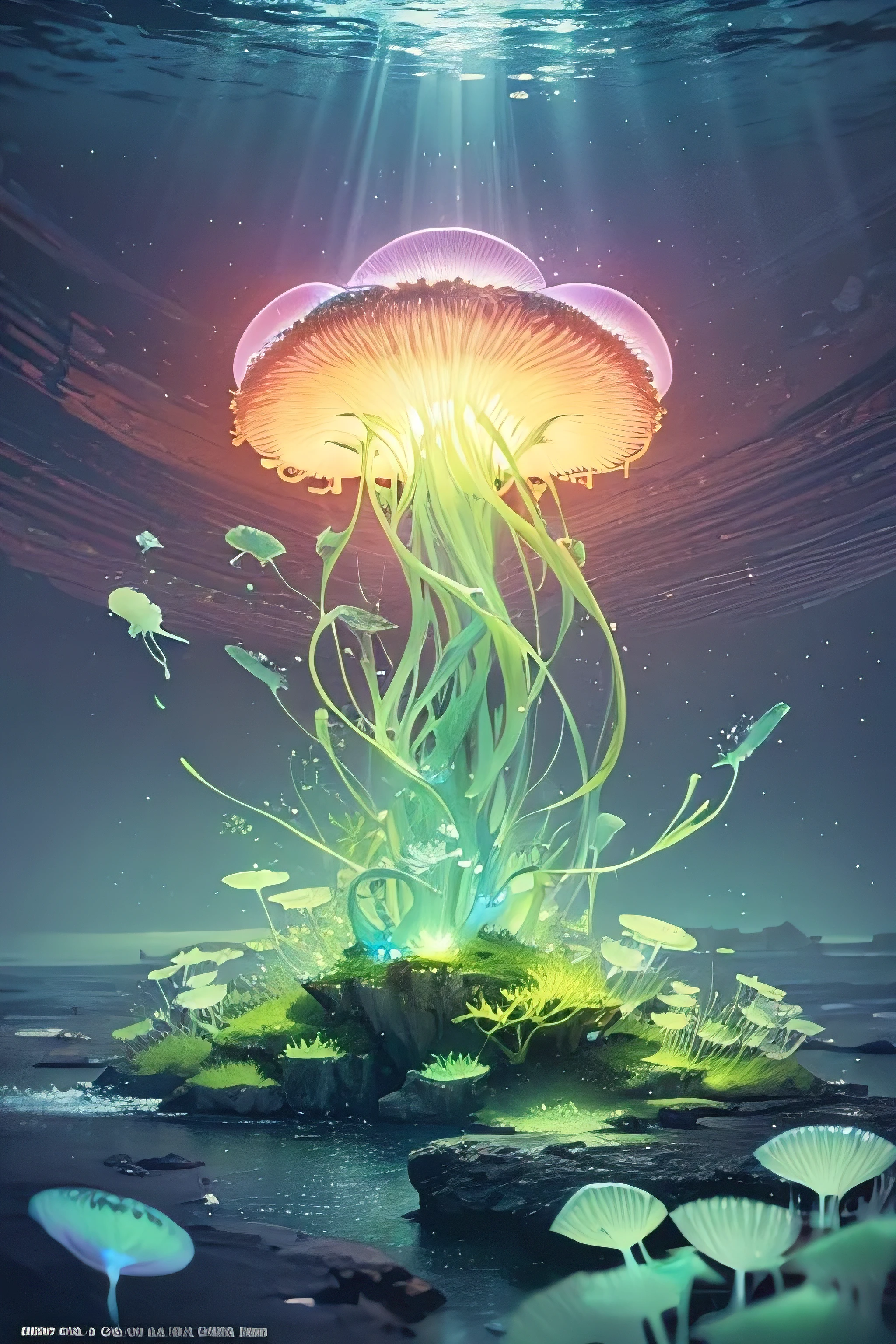 masterpiece, Highest quality, (Very detailed CG Unity 8k 壁紙), (Highest quality), (Best illustrations), (Best Shadow), Marine theme with natural elements. Tall mangrove, rich Seaweed, Luminous jellyfish, Surrounded by schools of fish, Luminous particle effect,, (Seaweed), (Ocean Theme), ((Glowing Algae)), (coral), ((Luminous jellyfish )), ((Glowing creatures in seawater)), ((Seafire)), (((Particle Effects))), Isometric 3D, Octane Rendering, Ray Tracing, Very detailed