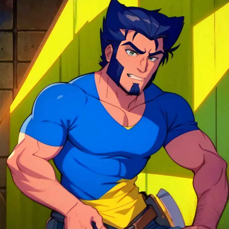 (masterpiece, best quality:1.1), 1boy, solo, male focus, (wolverine:1.05), blue black and yellow, black hair, sideburns, white tank top, muscular build, bushy eyebrows, stubble