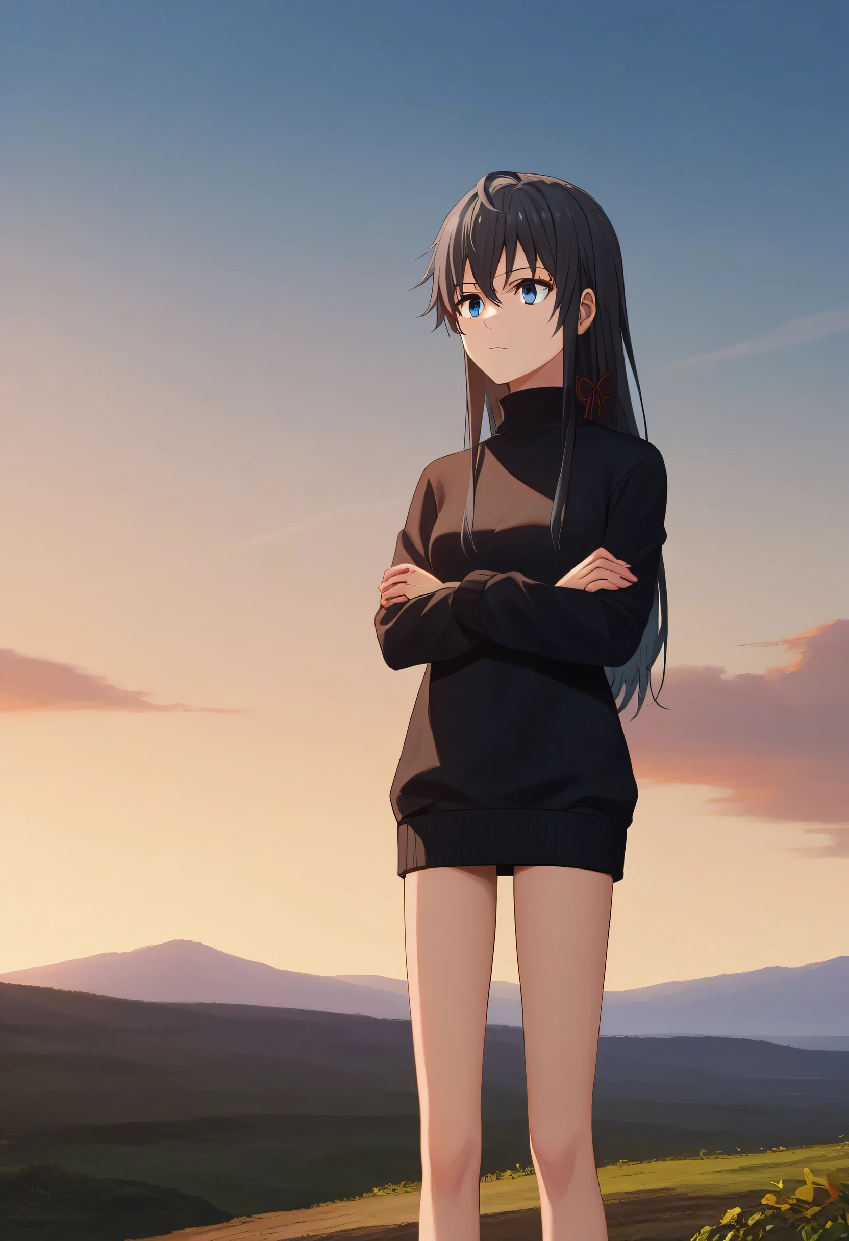 score_9, score_8_upper, score_7_upper, sauce_anime, alone, One girl, Yukinoshita Yukino, Expressionless, View your viewers, Arms crossed, Black sweater, Sweater dress, No background, Upper body,Landscape