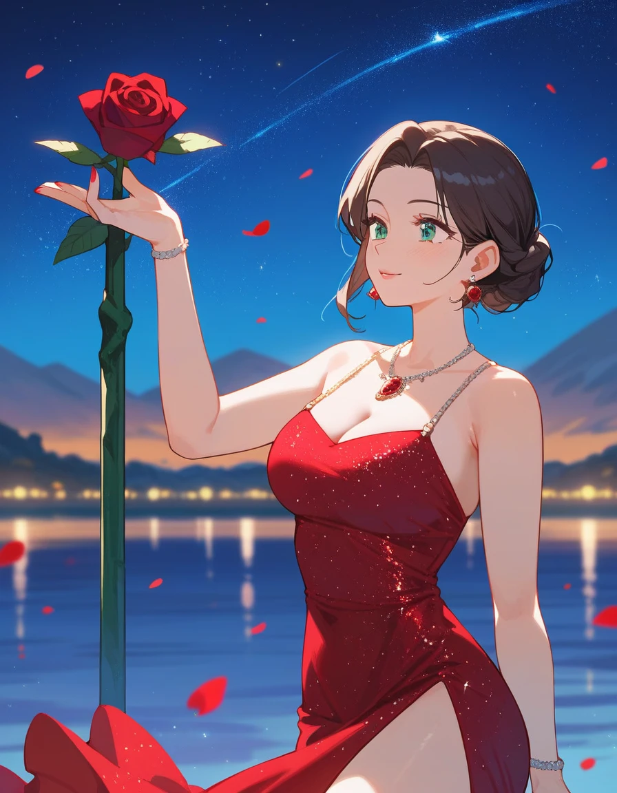 (evening dress),mature women, grace,The background is starry sky, antioxidant_mary rose, 1 girl, ultra high definition, extreme speed, masterpiece, accurate, anatomically correct, textured skin, super detailed, high detail, high quality, best quality, high resolution, 4K