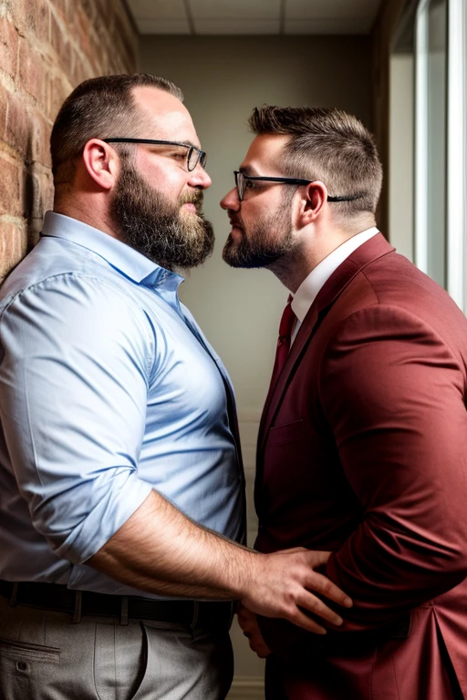 Award-winning original photos，2men, a wild muscular man and a tall chubby man, (40 years old daddy:1.1), beards, burly, hunk, (office suits), one man wearing glasses, about to kiss passionately while leaning to a wall, detailed, lovely, upper body shot, from the side