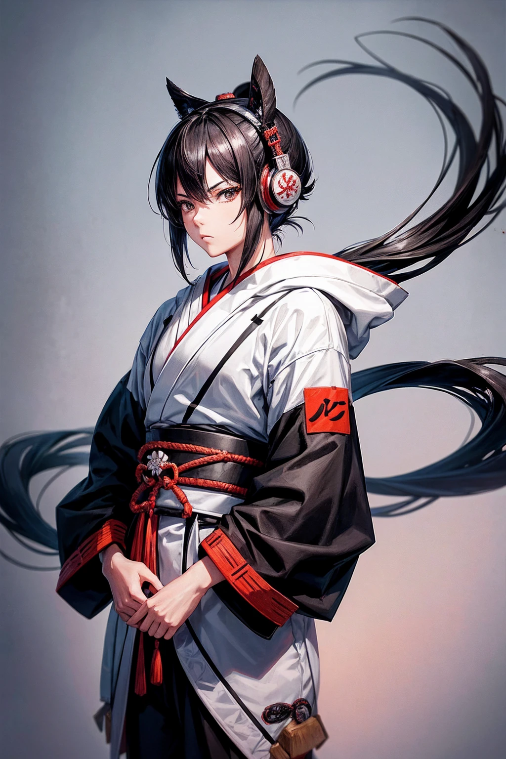 Create an image of an anime character with a traditional samurai background, dressed in contemporary Japanese streetwear. The character should have traditional samurai features, like a katana, but wear modern clothing such as a stylish hoodie, sneakers, and headphones. Blend elements of traditional and modern Japanese aesthetics for a unique look.
