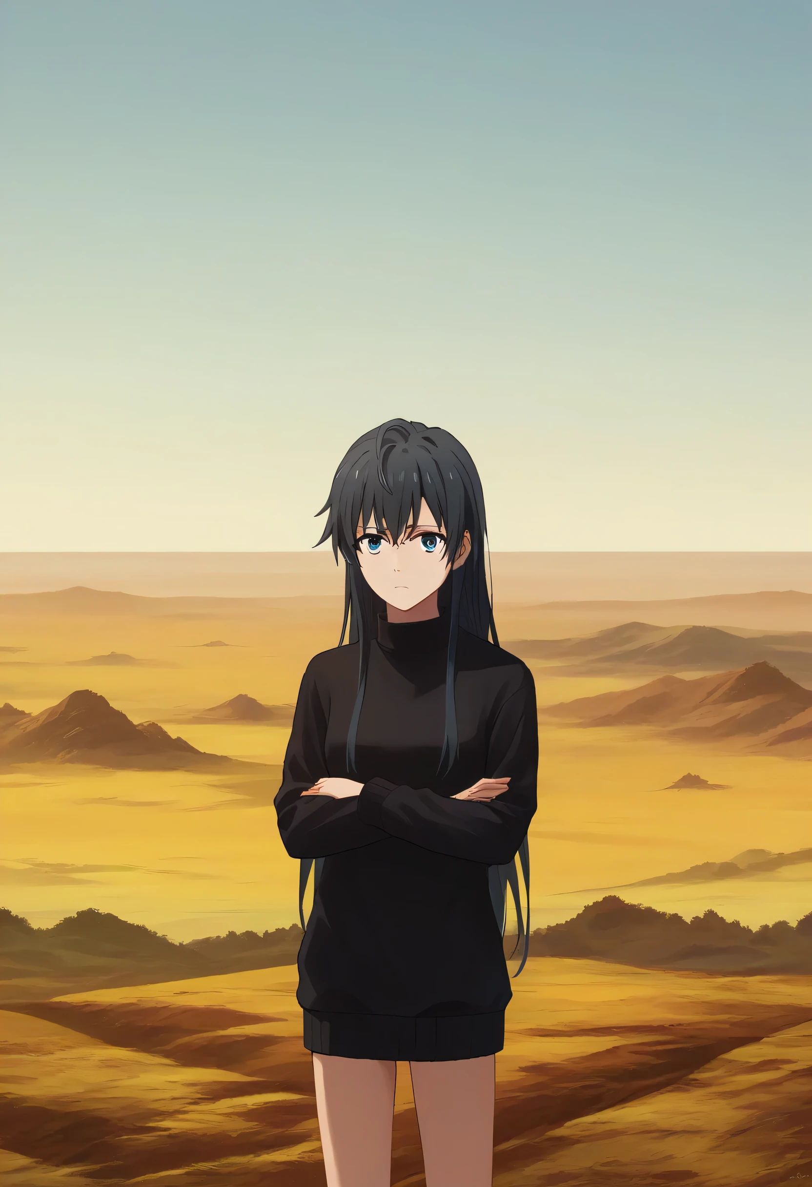 score_9, score_8_upper, score_7_upper, sauce_anime, alone, One girl, Yukinoshita Yukino, Expressionless, View your viewers, Arms crossed, Black sweater, Sweater dress, No background, Upper body,Landscape