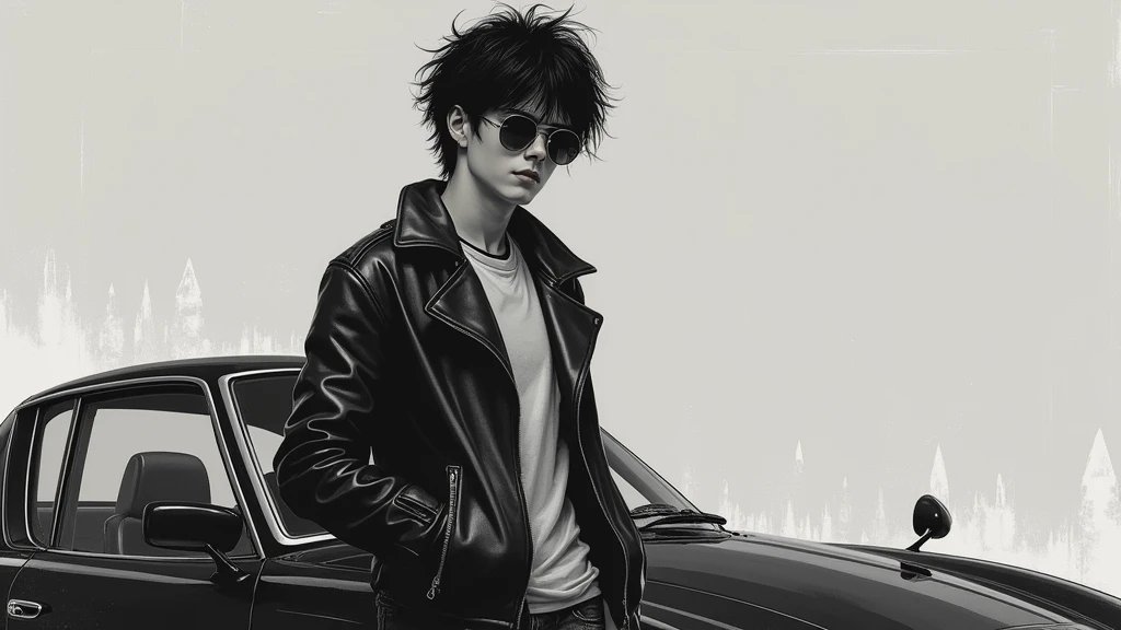 akira, teenage boy, cool, wearing glasses, retrowave, sportscar behind akira, hands in pocket, wearing leather jacket, has one hand in pocket, black hair, gray monotone background with crytals