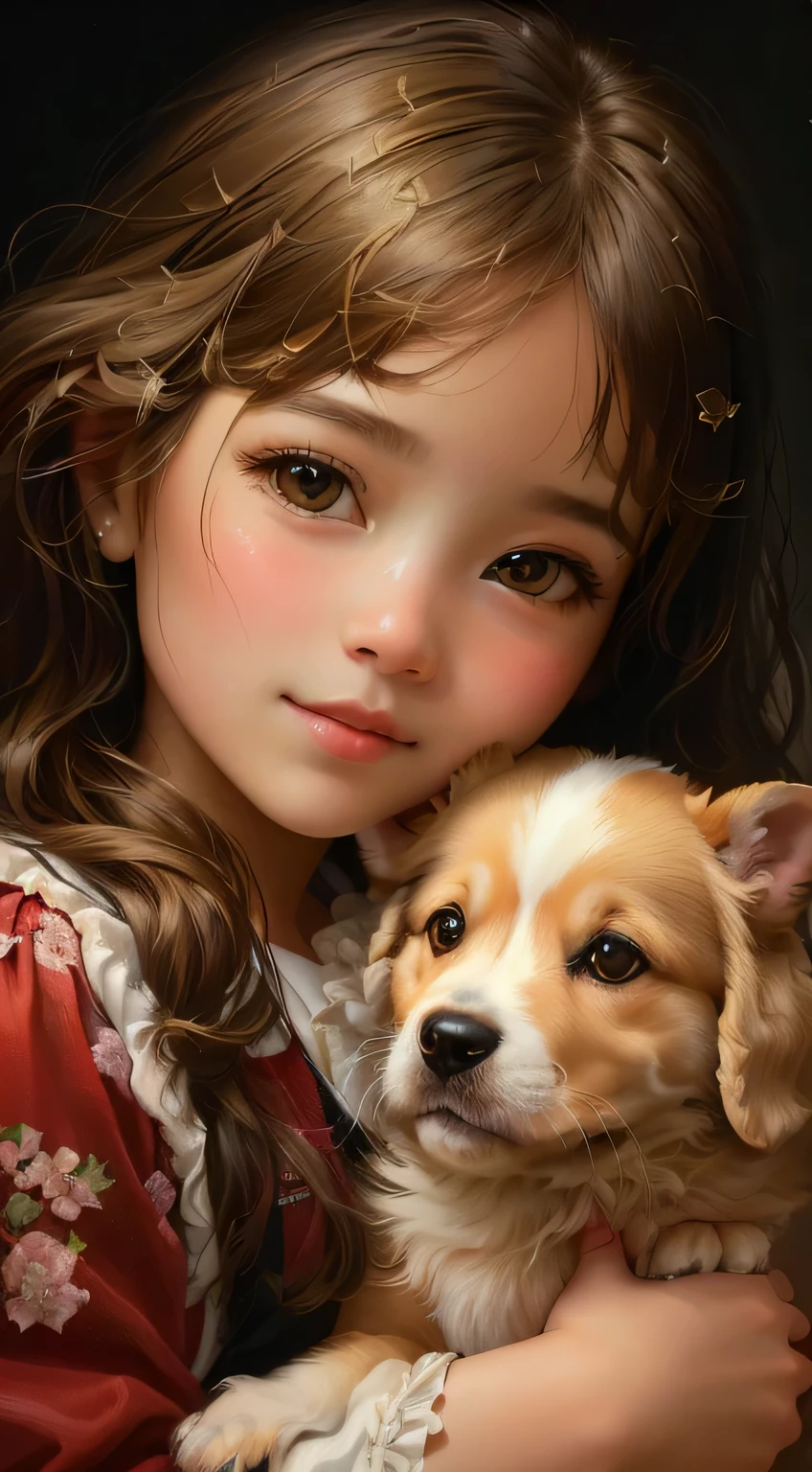 A painting of a girl holding a puppy in her arms, Cute digital painting, Realistic cute girl drawing, airbrush digital oil painting, The art of math. Photo-realistic, cute The art of math, Realistic painting style, Cute and beautiful, Pretty and cute, Lovely portrait, Beautiful realistic painting, The art of math oil painting, Gorgeous digital painting, Beautiful Numbers, High quality portrait, children, author:Ju Lian