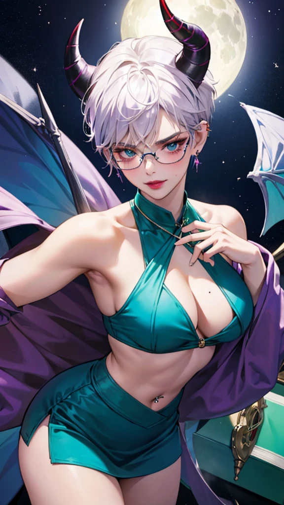8k, masterpiece, best quality, highly detailed, 1 girl, tiefling, warlock, pixie cut, multicolored hair, very short straight hair red highlight hair on white hair, strippled hair, wearing glasses, round glasses, earrings, navel piercing, red eyeshadow, long eyelashes, blushed cheek, red lips, necklace, rings, collarbone, mole on face, glamorous, teal and purple clothes, miniskirt, smirk, close up view, rings, looking at viewer, demon horns, solo, blue pale moon, standing, royal dress, devil books.