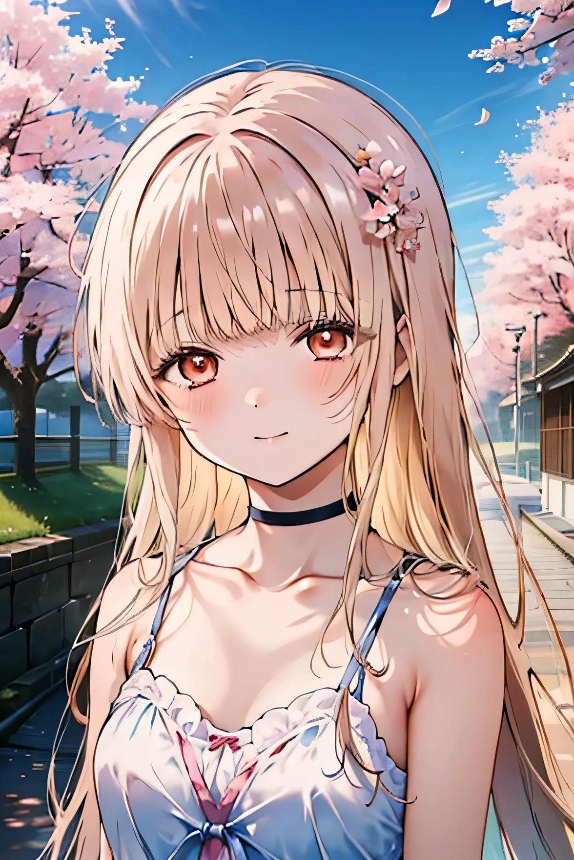 Highest quality, Ultra-high resolution, (Realistic:1.4), One girl, nude, Small breasts,Pink nipples, Black choker, smile, Exposing shoulders, Focus Only, View your viewers,Fair skin,sunset,cherry blossoms,Photon Mapping, Physically Based Rendering, RAW Photos, Highly detailed background,K-Pop Idols,Depth of written boundary,torii,cherry blossoms,hair ornaments,Detailed face,Glowing Skin,Game CG,whole body, &lt;roller:Korean doll-like_At 3 p.m.:1&gt; &lt;roller:yaeMikoReal_yaemikoMixed:1&gt;