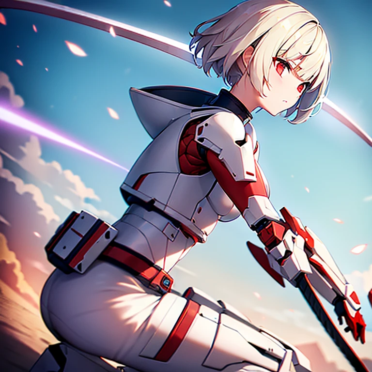 (girl)(white short hair)(red eyes)(Driving exoskeleton armor)(Cool battle scenes)(The blade flickers)(Fierce clash of weapons)4K