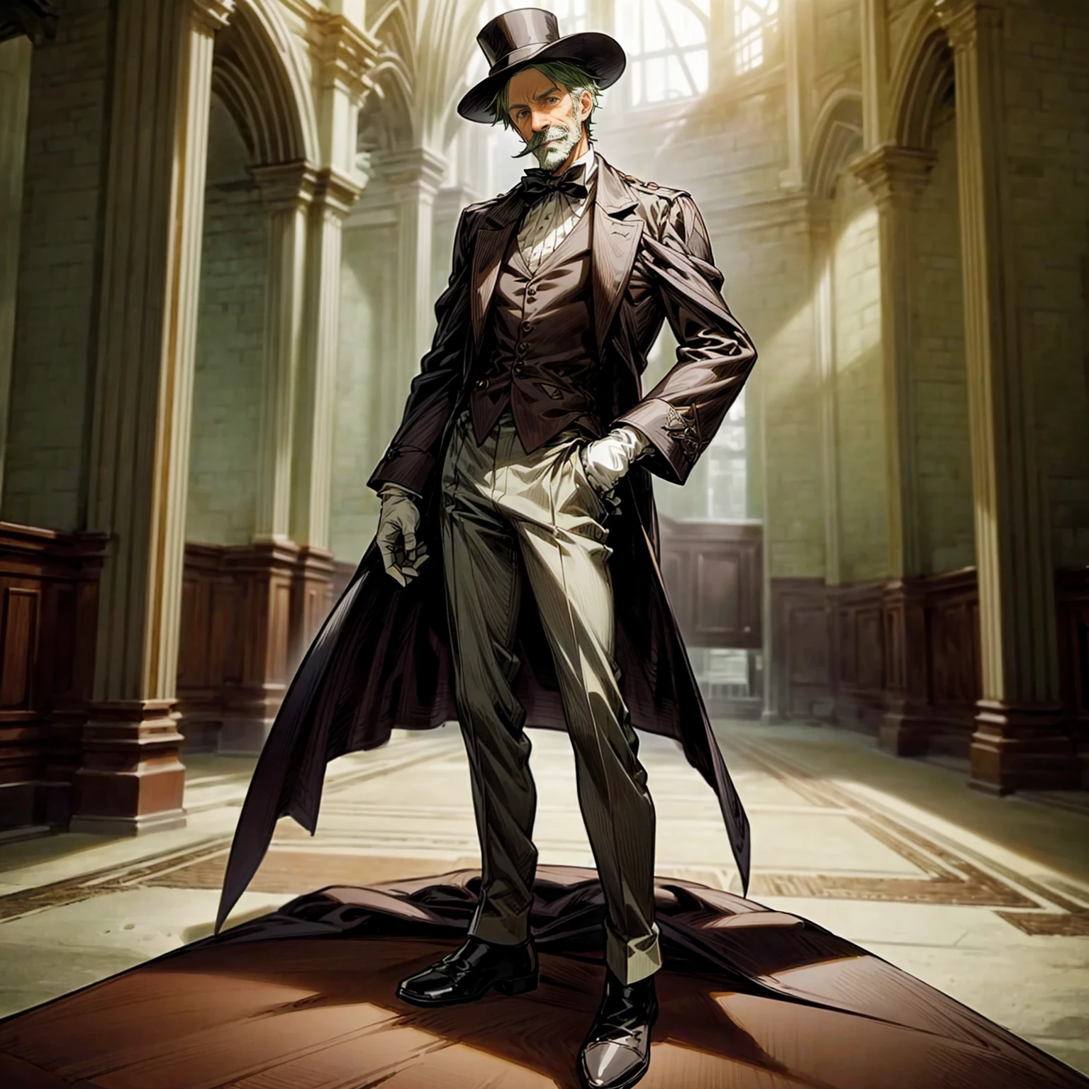 Solo character, old man, tall height, full body version, green colour hair, short haircut, formal suit clothing, white color clothing, brown pants, boots, gloves, indoor, medieval, Castle, top hat pandora, (moustache), (black clover style art), detailed clothing, detailed hair, detailed background, standing gesture, blue fire in hand, smile mouth,