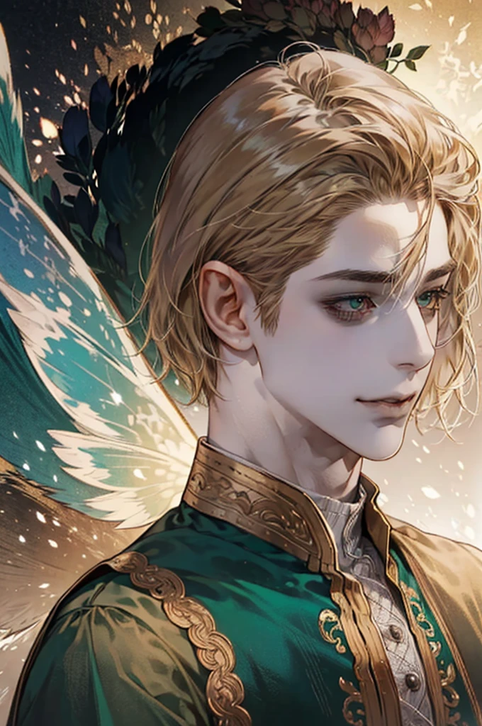 ]Um naughty man bonito com dark blonde hair curto, greeneyes, smiling, extremely detailed portrait, detailed facial features, detailed eyes and skin, cinematic lighting, dramatic shadows, hight contrast, warm color tones, oil painting, hyperrealisti, photorrealistic, sharp focus, 8k, best qualityer, work of art, fairy wings and fairy clothes, masculine traits, naughty man, Child boy, water element, with the body on display, medium dark blonde hair, with golden threads in the sunlight, BLONDE BLONDE DARK BLONDE, MERMAID, serene, bonitas, naughty man, 8k, bonitas, comely, COM TRAÇOS FACIAIS bonitasS, wings DE FADA BONITAS E AZUIIS ESVERDEADAS, wings, bonitas, Beautiful green eyes, dark blonde hair, beautiful fairy wings, controlling water