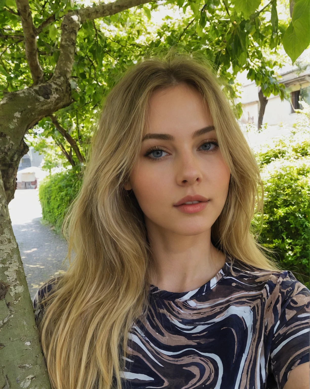 femme blonde aux cheveux longs et aux yeux bleus debout devant un arbre, Portrait Mégane Fox, Dasha Taran, Anna Nikonova alias Newmilky, style de Julia Razumova, Sydney Sweeney, Anastasia Ovchinnikova, Julia Gorokhova, Elena Belova, Angelina Stroganova, visage parfait )