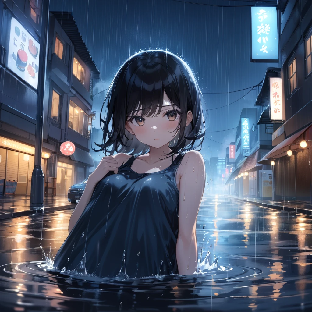 dynamic angle, ultra detailed cute moe anime, In the night city, under the dim glow of streetlights, a torrential downpour is falling heavily. Puddles form, and the roads flow like rivers. Amidst this, a girl in a school swimsuit is sprinting with all their might. The rain hits her skin, enveloping her in a cold embrace. Her hair is soaked, and water droplets stream down her face. The lights from surrounding buildings and cars reflect off the rain.