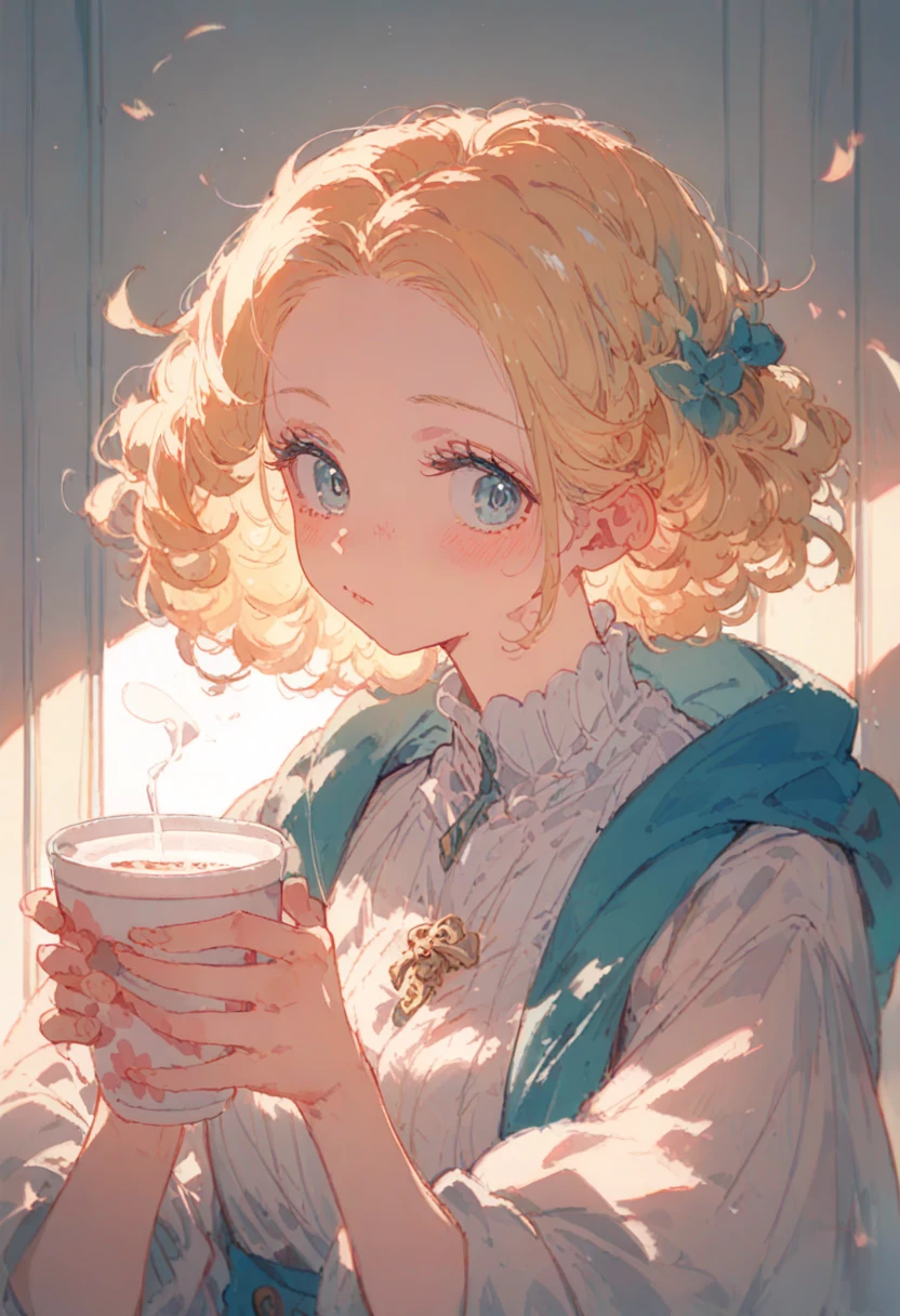 Human girl about 。Priest in a fantasy world。Milk tea colored curly hair。