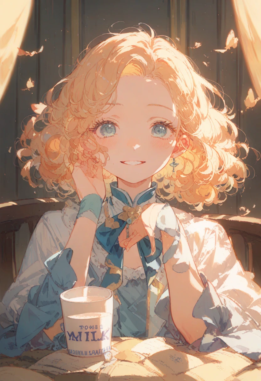 Human girl about 。Priest in a fantasy world。Milk tea colored curly hair。