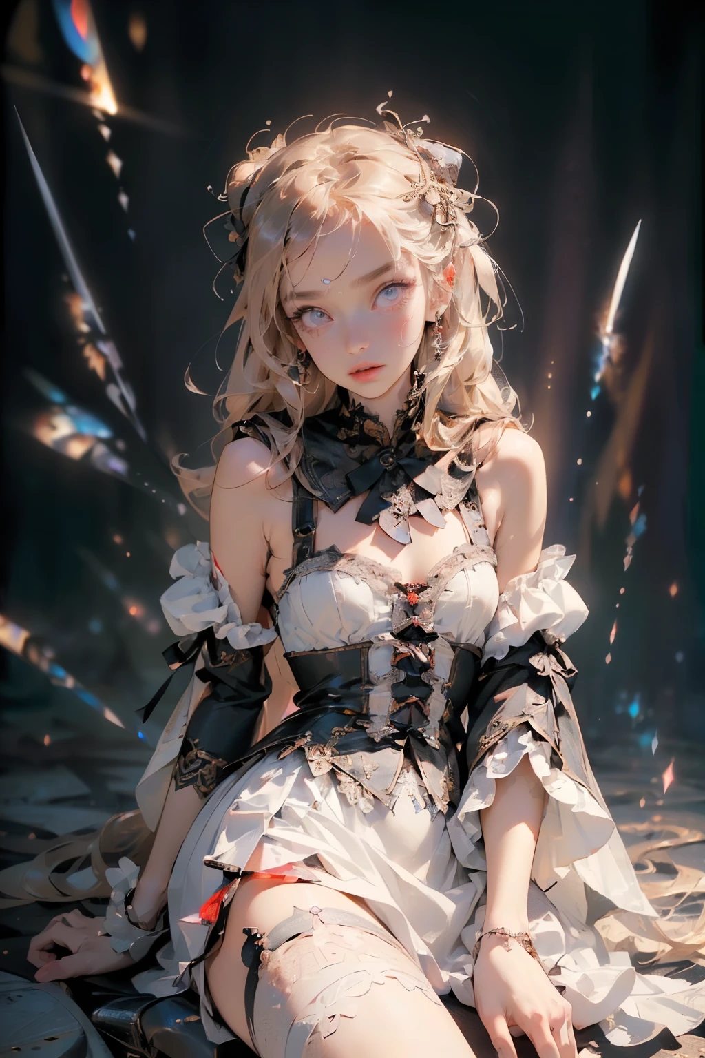 (((masterpiece, of the highest quality, super detailed))), (a female knight of an occult order), (minimal but intricate beautiful armour), Bloodborne inspired, occult aesthetic, occult, (red and white clothing detailed and intricate steampunk and detailed gothic), (with a hood), (((wielding a sword with a digital glitch-like effect to the blade as though it is rapidly flickering in and out of reality))), Complex laced boots, (Fluttering lace flared long knee length dress with frilly petticoats), long dress, knee length dress, pleated petticoats, petticoats, (((( Highly detailed face))), (((Very sharp focused eyes))), very long eyelashes, beautiful small breasts, (((flat chest:1.1))), Very dramatic and cinematic lighting, full body, whole body, body, cosmic horror, grim dark