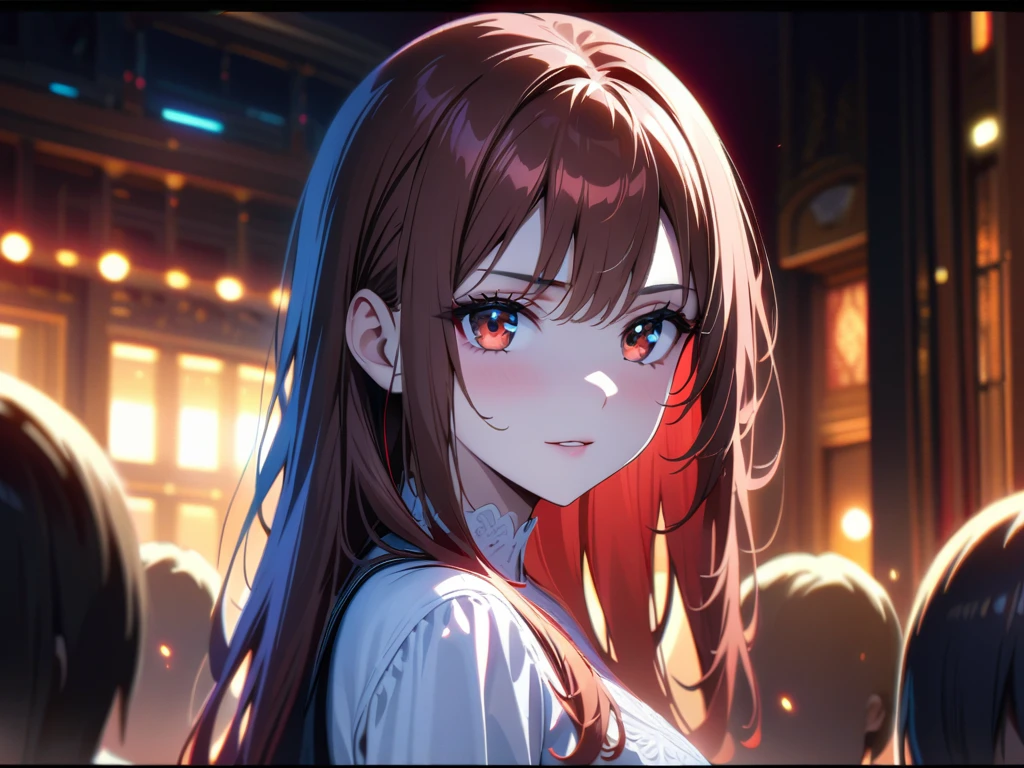 crowd,masterpiece, best quality, Very detailed, HD, HDR, Very detailed CG, Beautiful details, depth, Delicate texture, Super Fine, Pale skin, Pretty Woman, confident, Long hair, Red hair,1 female, Cute face and eyes, Shut up, Ethereal atmosphere, Intricate volumetric lighting, Atmospheric lighting, lens flare