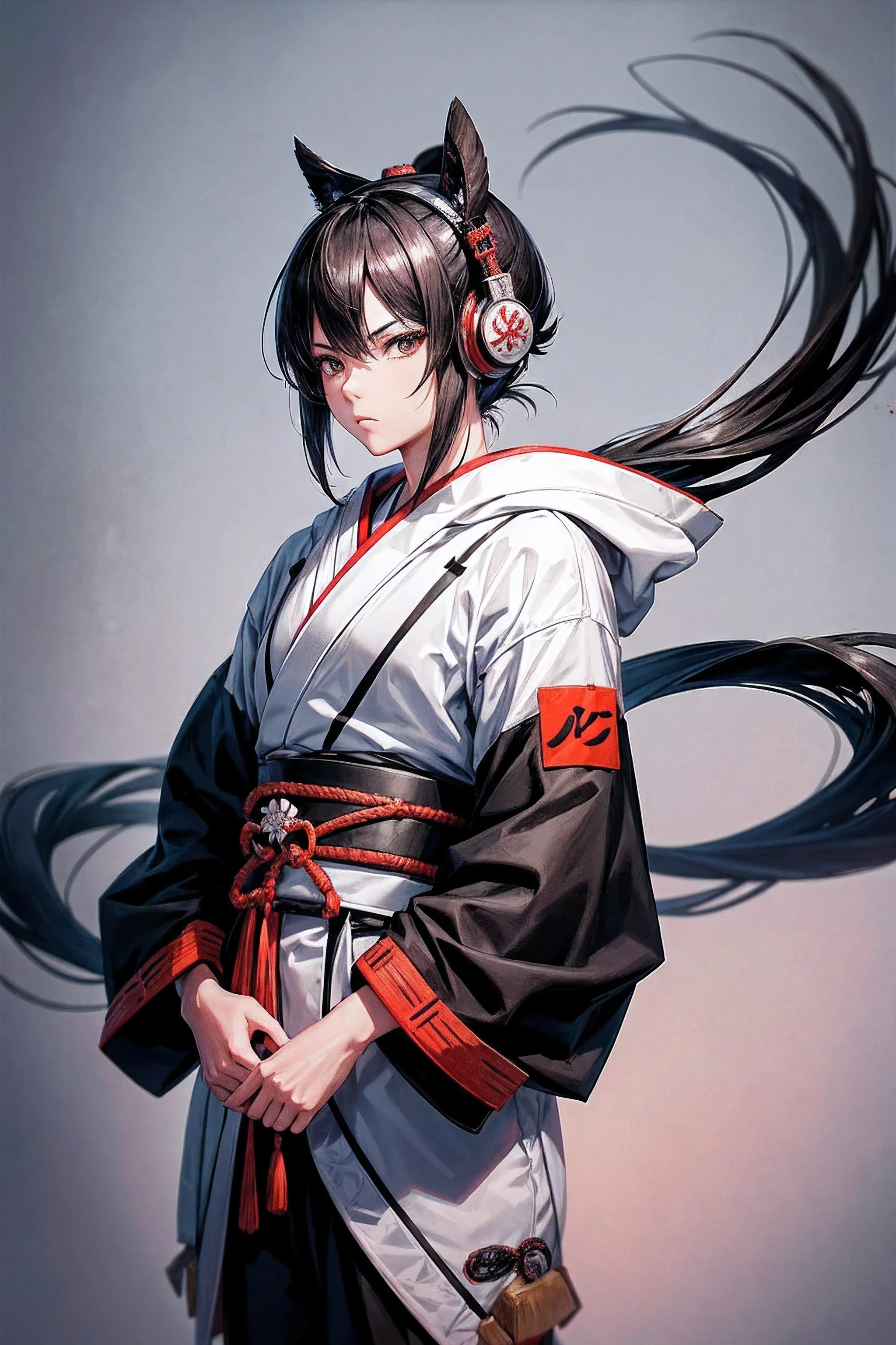 Create an image of an anime character with a traditional samurai background, dressed in contemporary Japanese streetwear. The character should have traditional samurai features, like a katana, but wear modern clothing such as a stylish hoodie, sneakers, and headphones. Blend elements of traditional and modern Japanese aesthetics for a unique look.