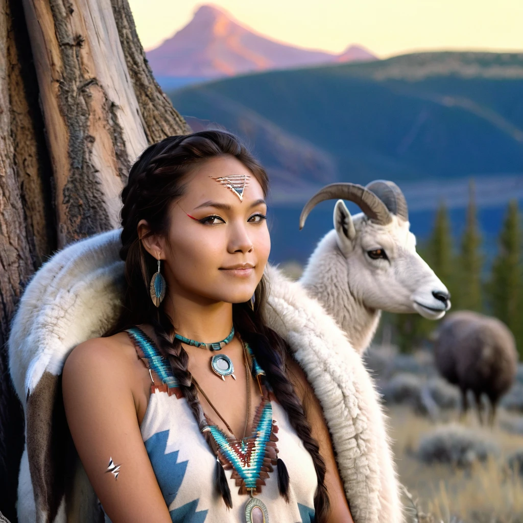 (grainy:0.5), cinematic, beautiful girls 25 year old native american,fantasy,(solo:1.3), detailed eyes, detailed face, detailed native american sexy clothing, volumetric lighting, dusk, extremely detailed background, standing next to tree and mountain, smiling, half closed brown eyes, tilted head, from side, sitting next to her Bighorn Sheep