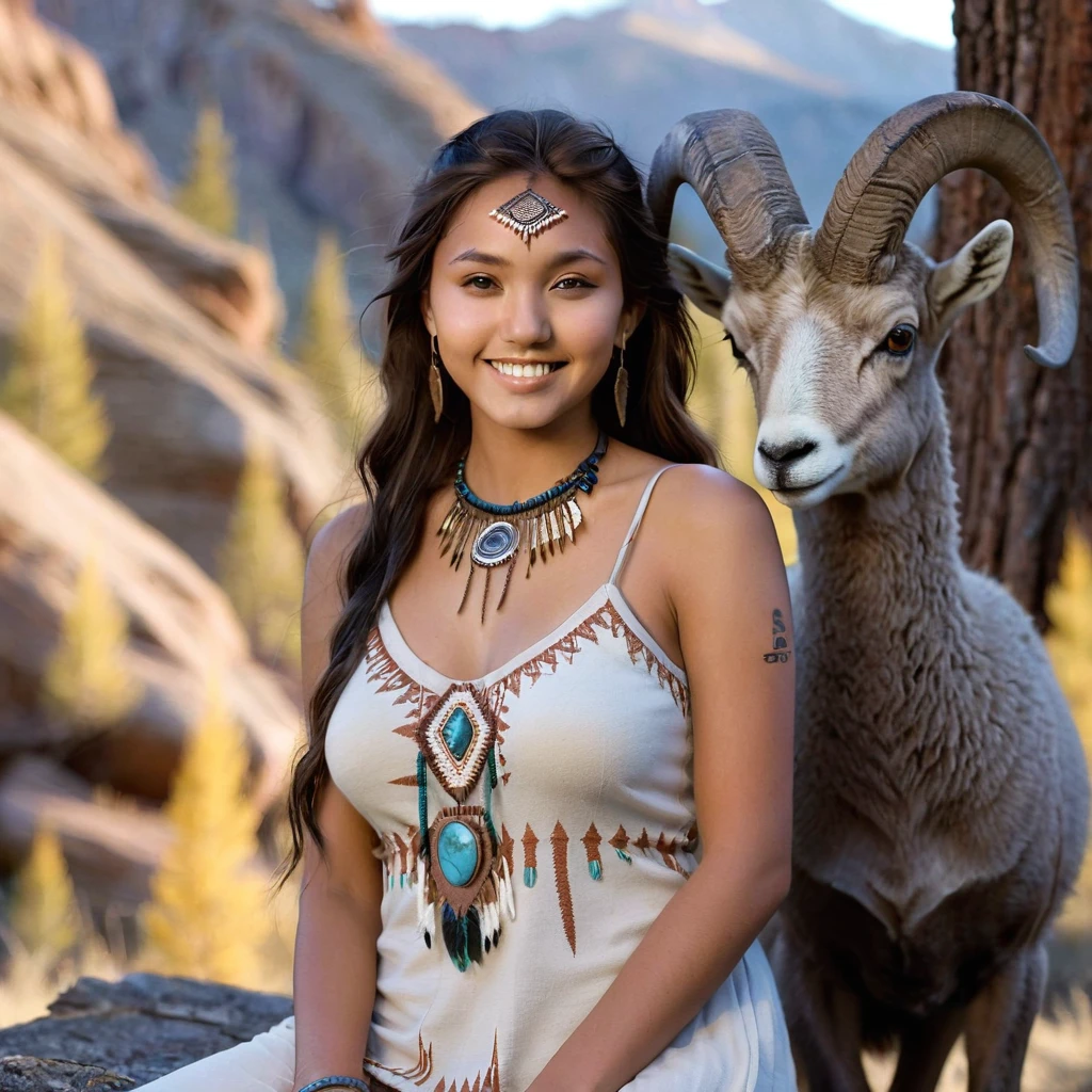 (grainy:0.5), cinematic, beautiful girls 25 year old native american,fantasy,(solo:1.3), detailed eyes, detailed face, detailed native american sexy clothing, volumetric lighting, dusk, extremely detailed background, standing next to tree and mountain, smiling, half closed brown eyes, tilted head, from side, sitting next to her Bighorn Sheep