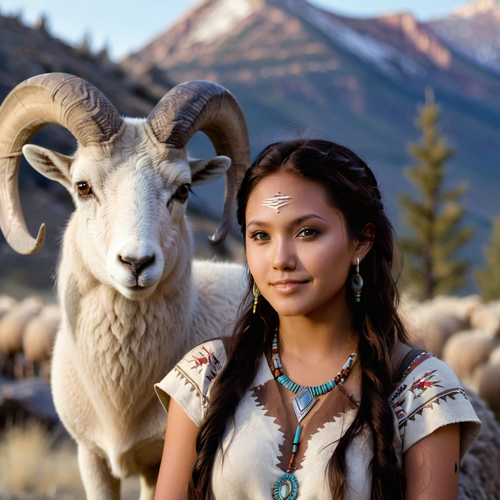 (grainy:0.5), cinematic, beautiful girls 25 year old native american,fantasy,(solo:1.3), detailed eyes, detailed face, detailed native american sexy clothing, volumetric lighting, dusk, extremely detailed background, standing next to tree and mountain, smiling, half closed brown eyes, tilted head, from side, sitting next to her Bighorn Sheep