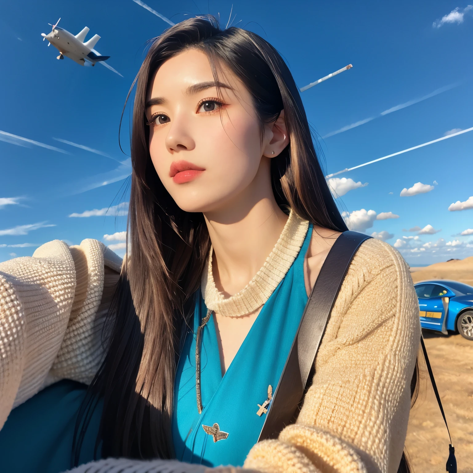 a highly detailed, photorealistic, 8k, low angle view, young girl wearing a droptop, blue sky background, distant airplanes on the horizon