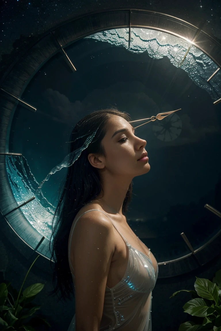 Imagine a scene that portrays the dreamy nature of Pisces: Ao fundo, a starry and hazy night sky suggests the world of dreams and fantasies. At the center, a Pisces appears as an ethereal figure, dressed in fluid and translucent clothes, almost as if it were made of water or mist. Your look is dreamy, lost not infinite. The surrounding environment mixes real and fantastic elements: a wall clock with blurred numbers symbolizes the difficulty in dealing with time, e peixes nadam tranquilamente em um lago Ao fundo, reflecting the connection with the water element. Small thought bubbles around the figure show clouds, stars and dreams, highlighting your distraction and disconnection with the real world and commitments.
