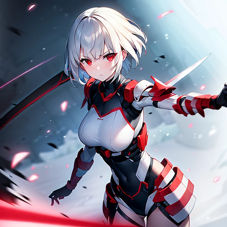 (girl)(white short hair)(red eyes)(Driving exoskeleton armor)(Cool battle scenes)(The blade flickers)(Fierce clash of weapons)4K